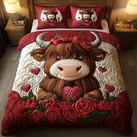 Pinky Highland Cow 3-Piece Quilted Bedding Set GFTONL1942