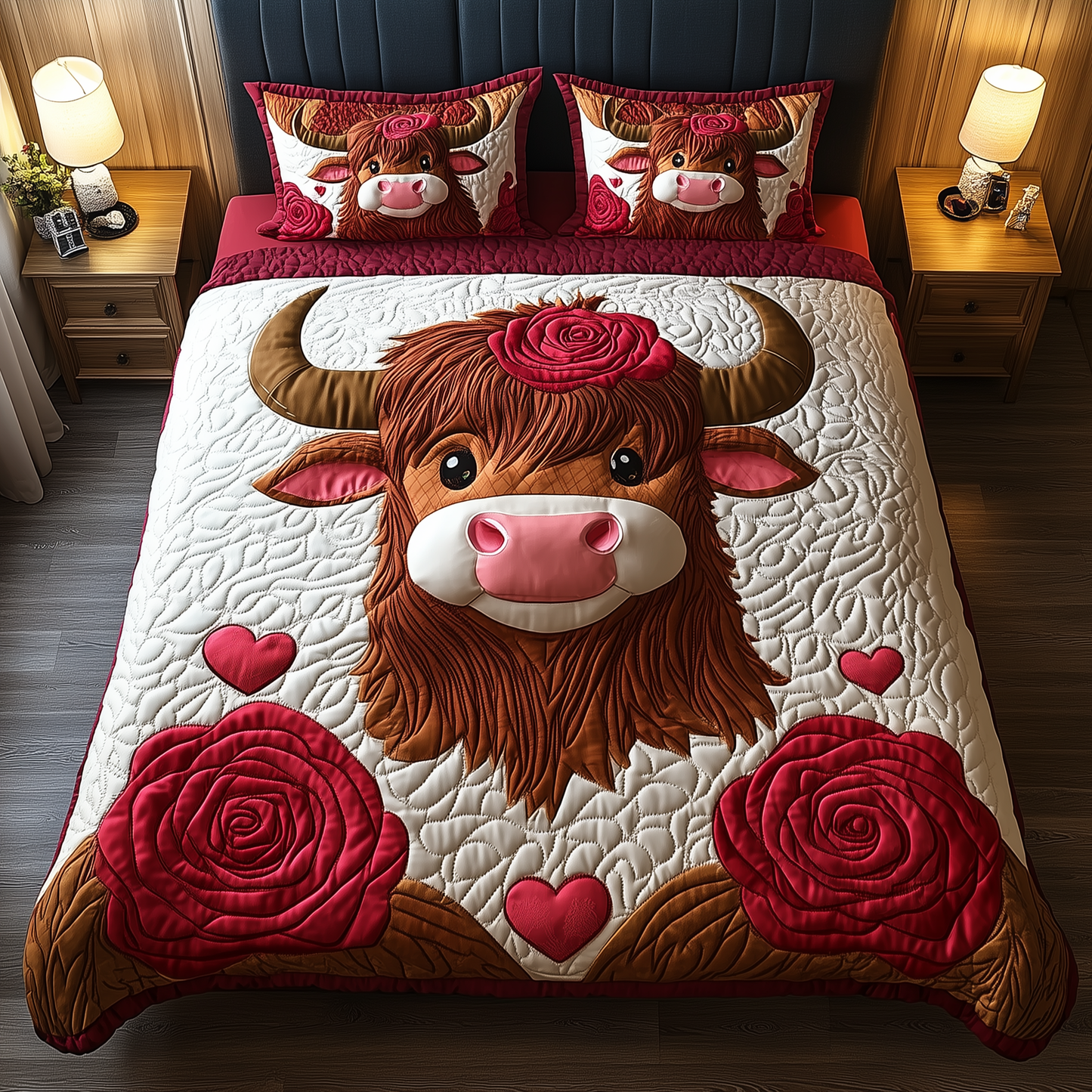 Pinky Highland Cow 3-Piece Quilted Bedding Set GFTONL1946