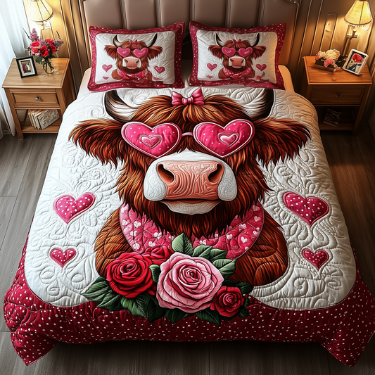 Pinky Highland Cow 3-Piece Quilted Bedding Set GFTONL1949