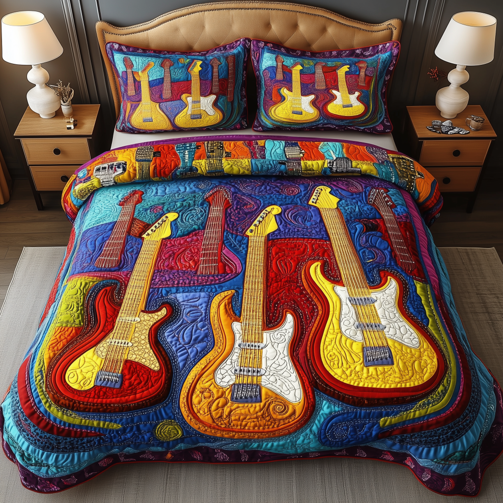 Melody Of Colors Guitar 3-Piece Quilted Bedding Set GFTONL2686
