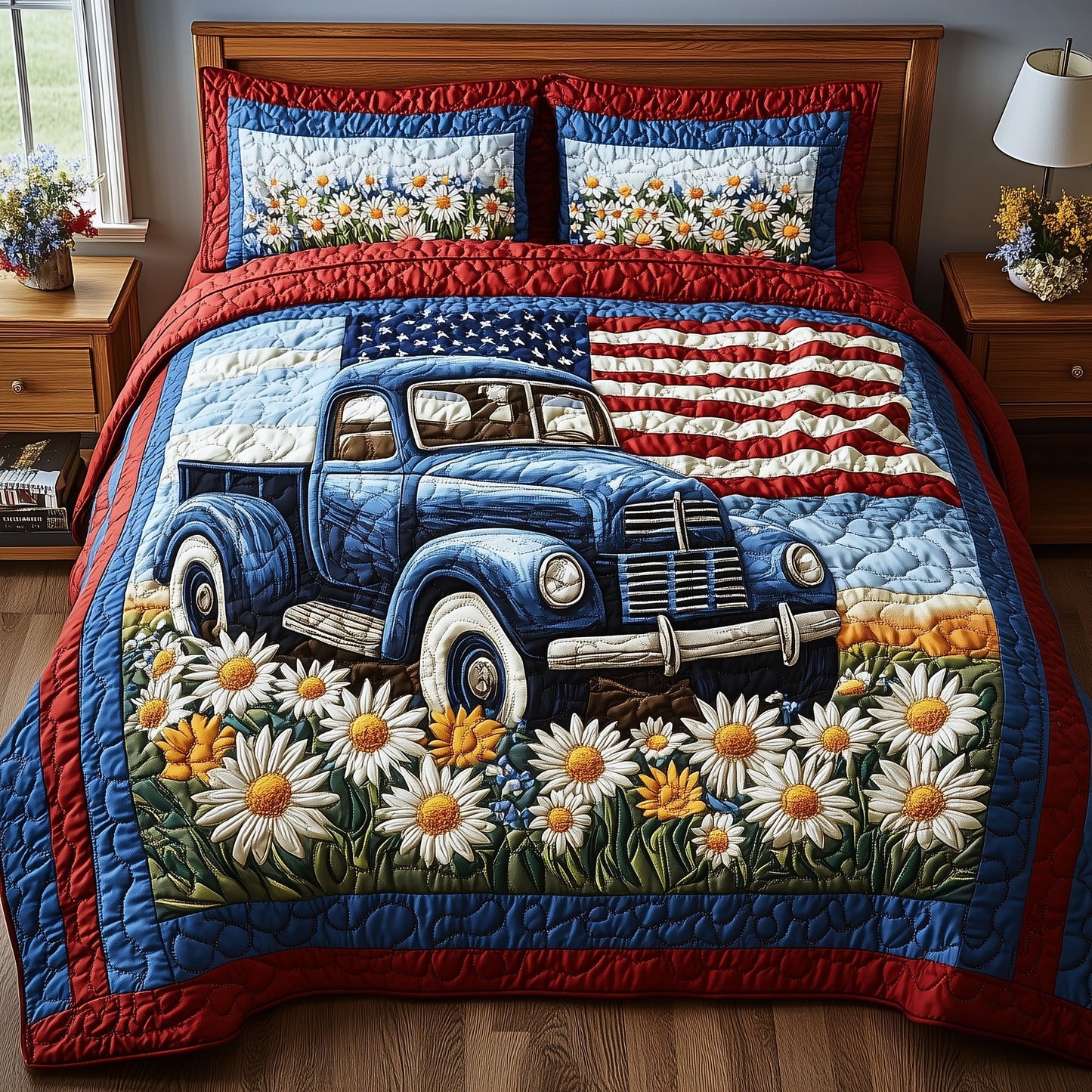 Patriotic America Truck 3-Piece Quilted Bedding Set GFTONL2792