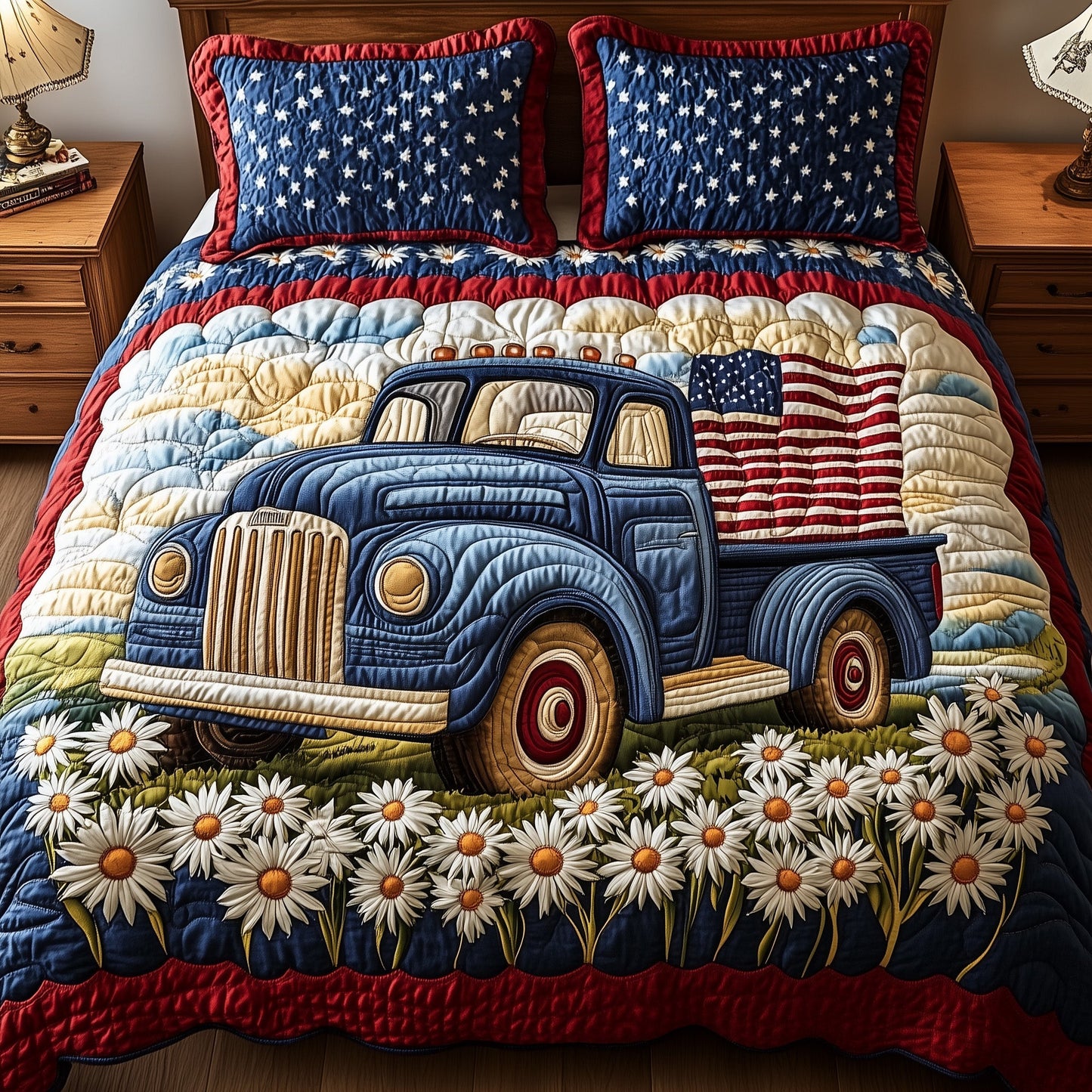 Patriotic America Truck 3-Piece Quilted Bedding Set GFTONL2801