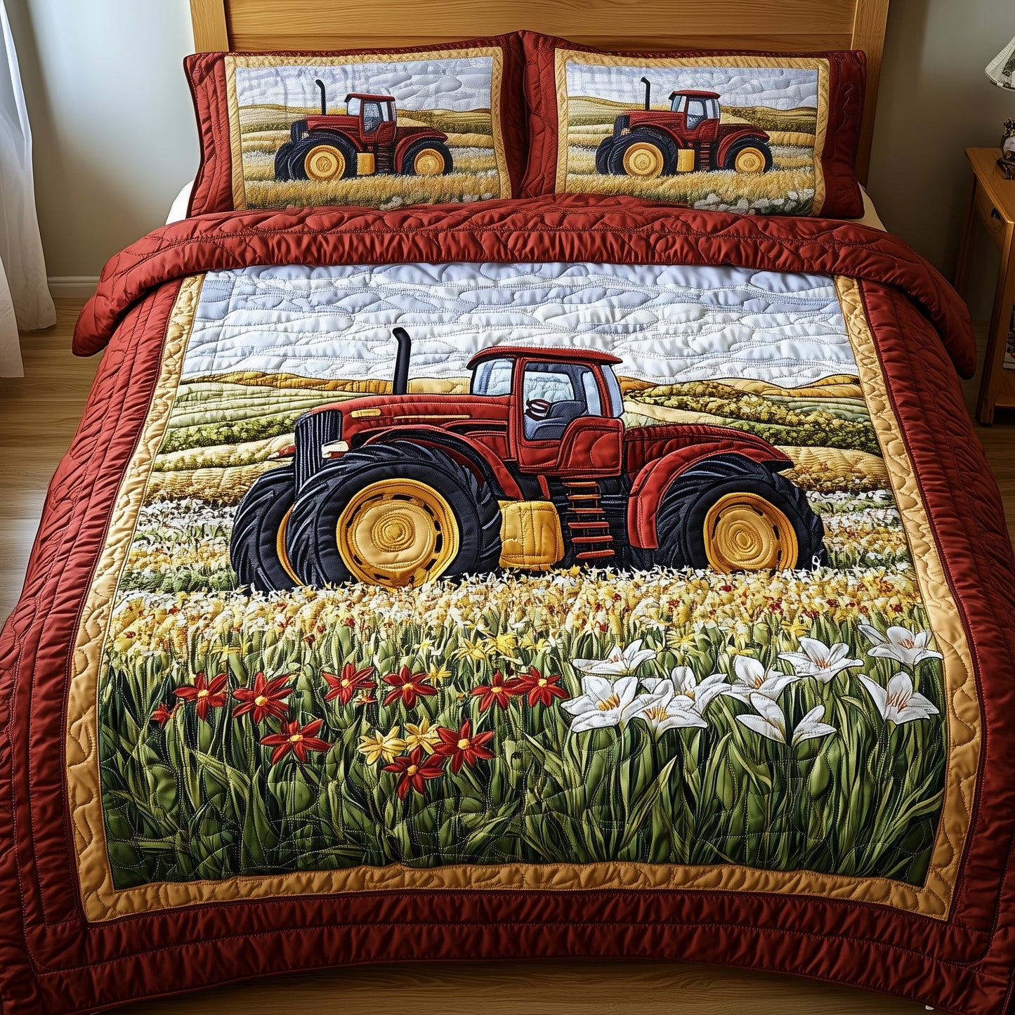 Red Tractor 3-Piece Quilted Bedding Set GFTONL2853