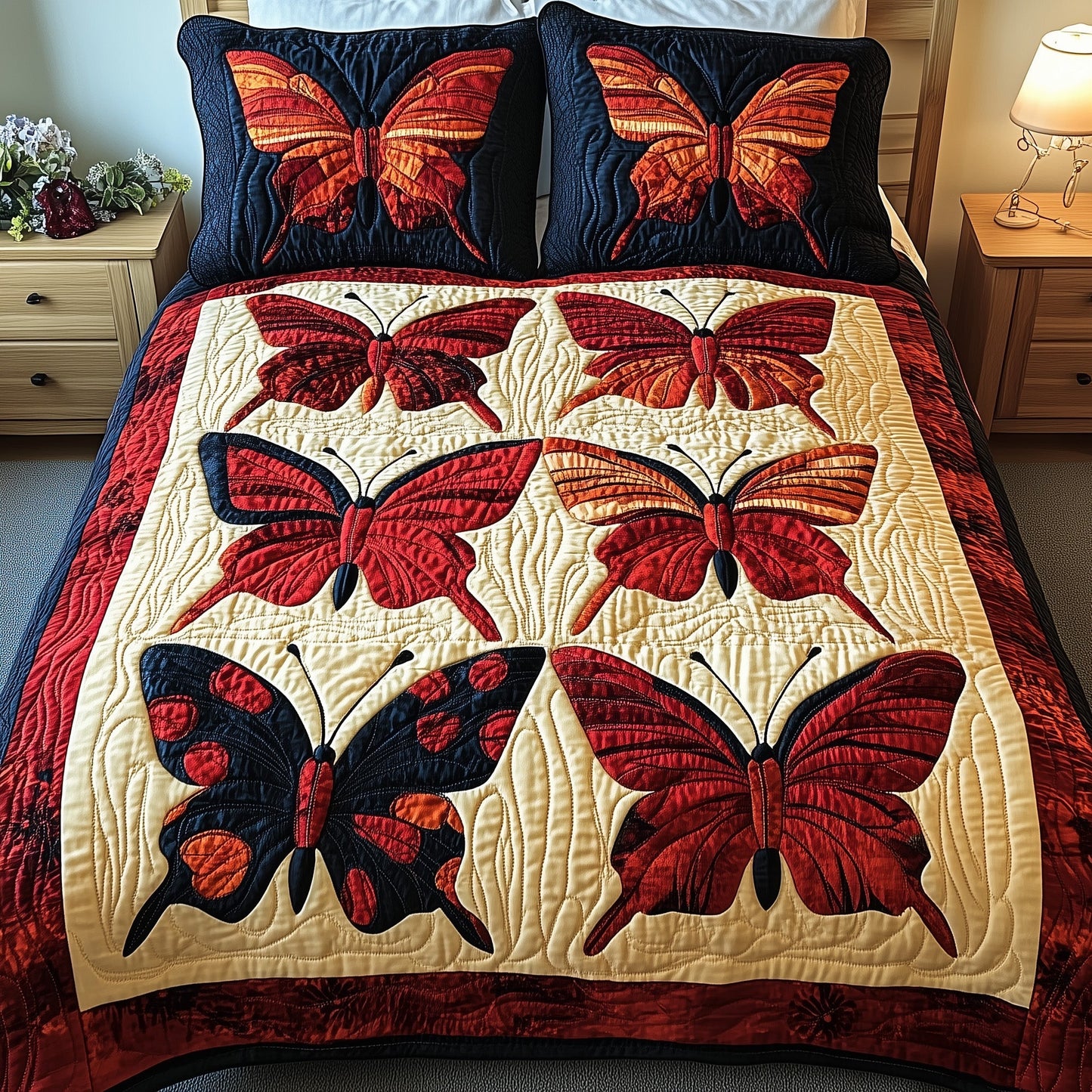 Red Butterfly 3-Piece Quilted Bedding Set GFTONL2887