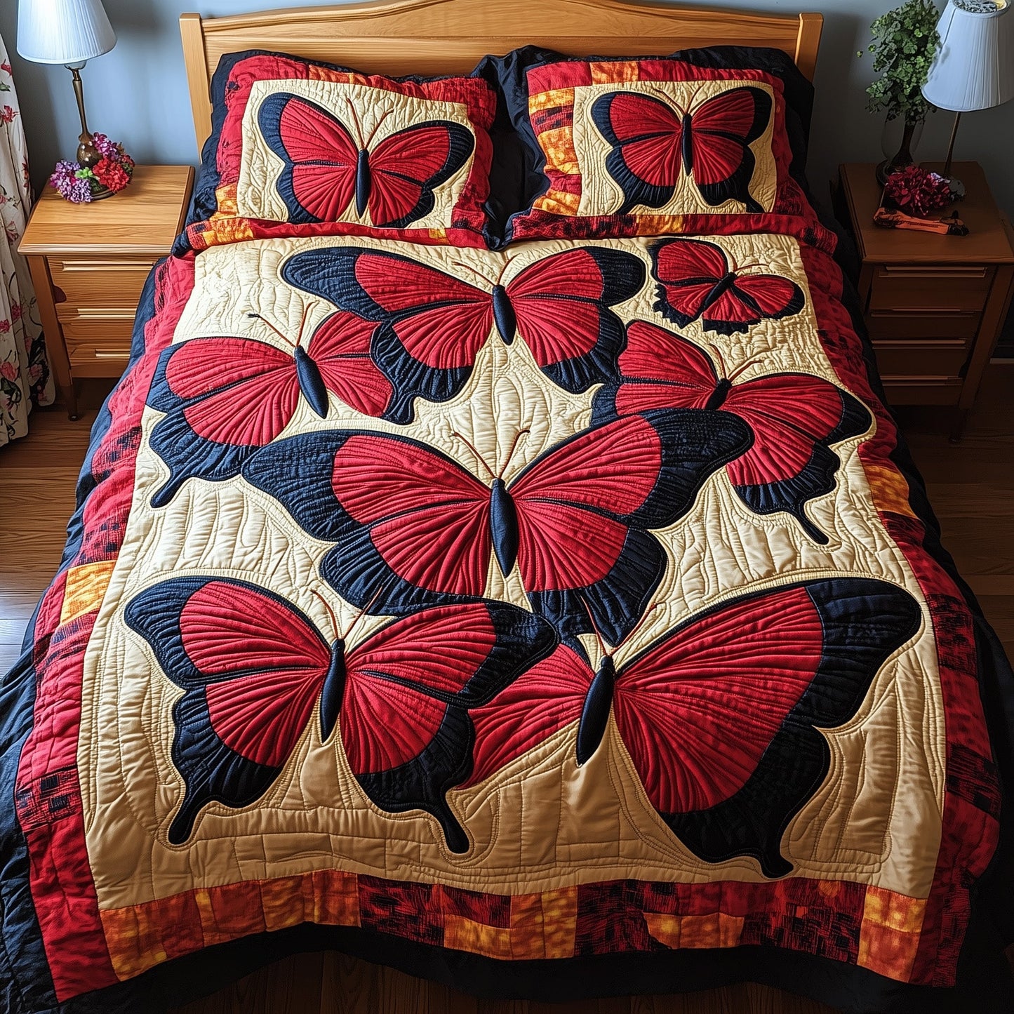 Red Butterfly 3-Piece Quilted Bedding Set GFTONL2890