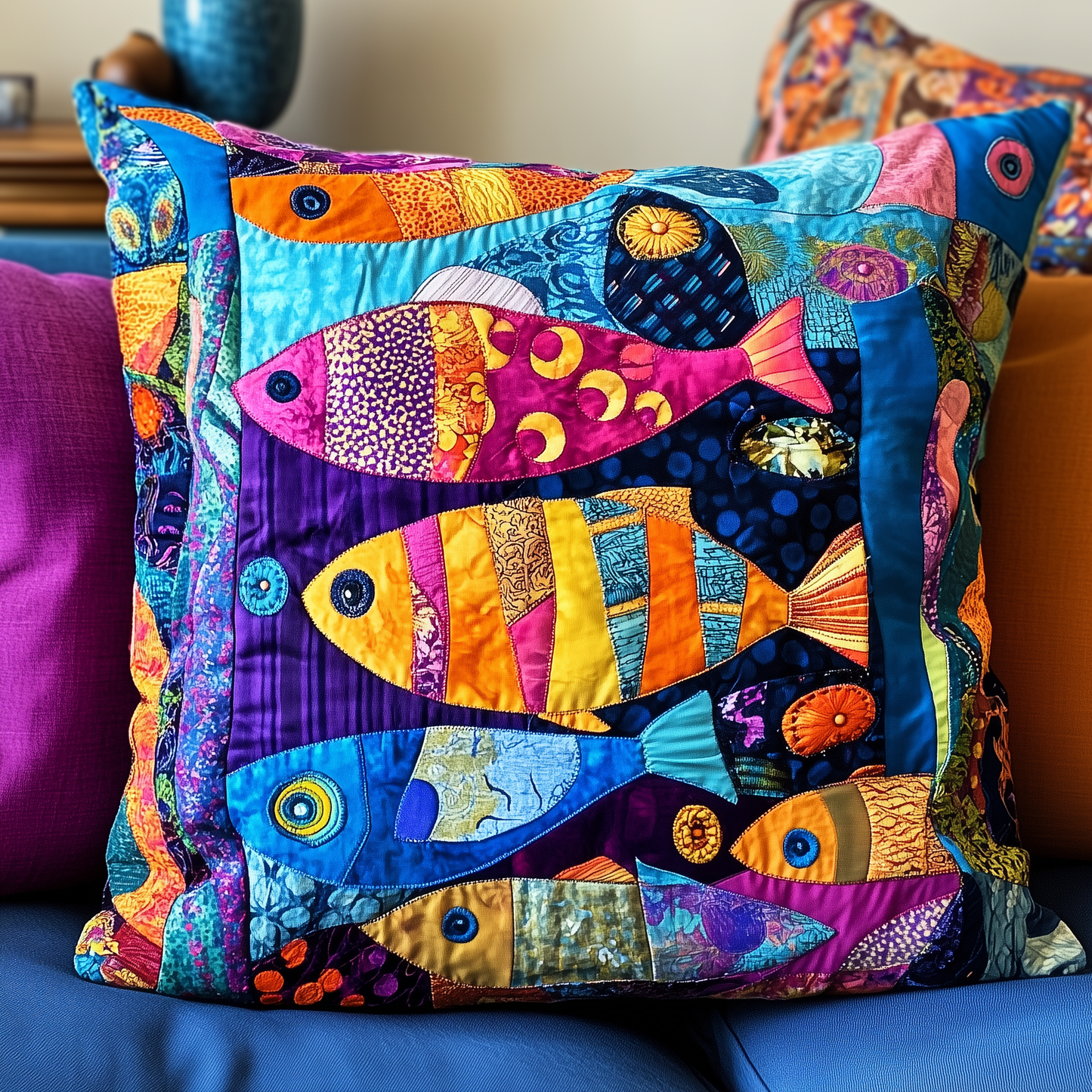 Colorful Fishes Patchwork Quilted Pillow Case GFTONL317