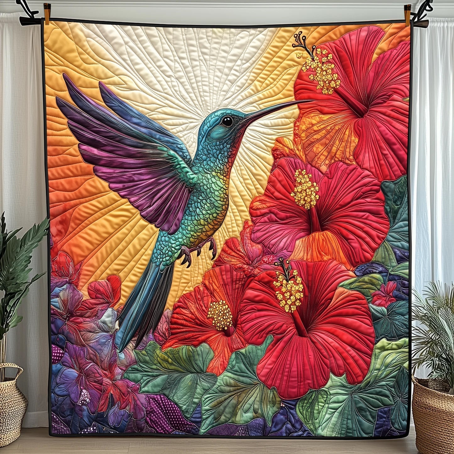 Hummingbird Hibicus Quilted Blanket GFTONL3526