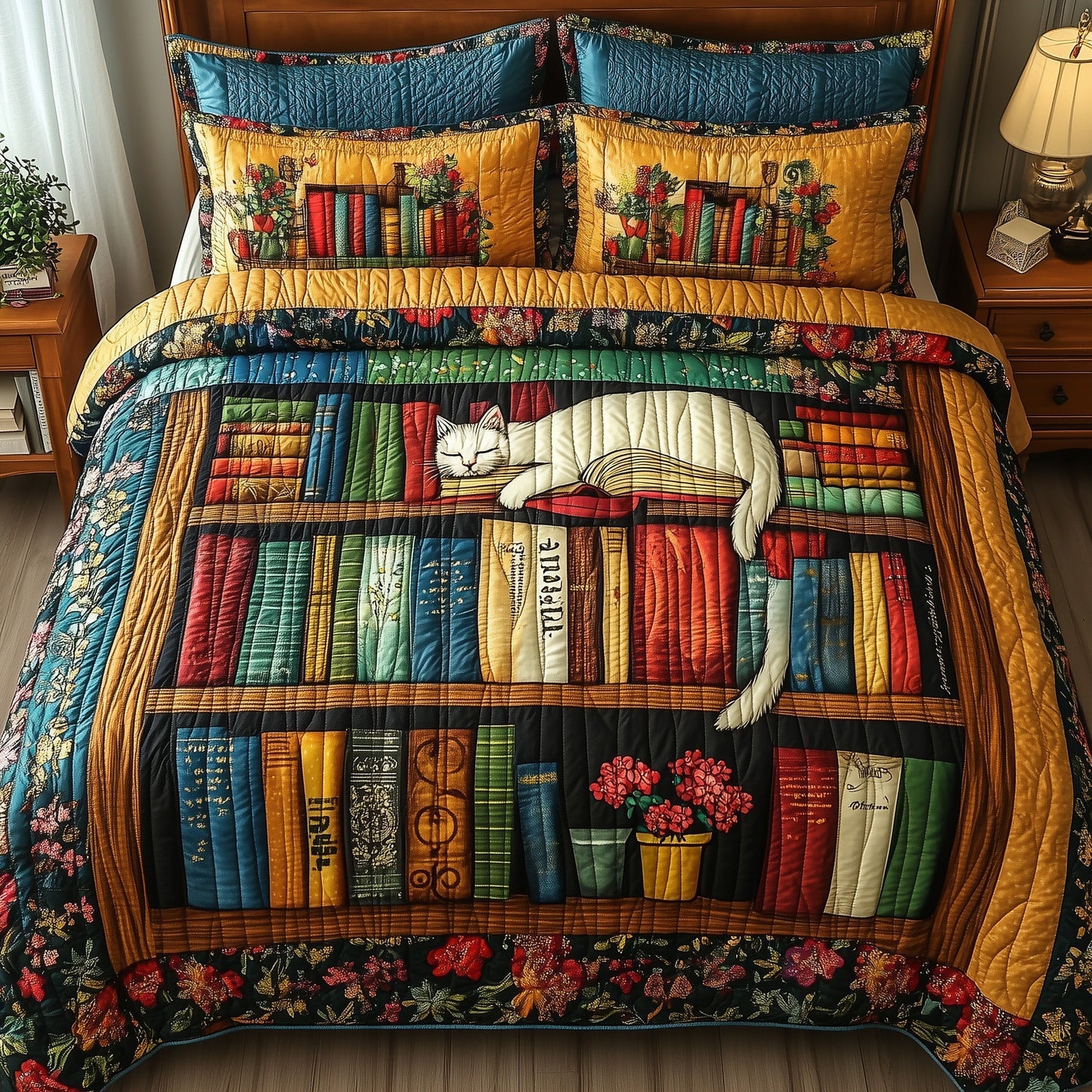 Vintage Cat Bookshelf 3-Piece Quilted Bedding Set GFTONL3654