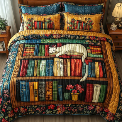 Vintage Cat Bookshelf 3-Piece Quilted Bedding Set GFTONL3654