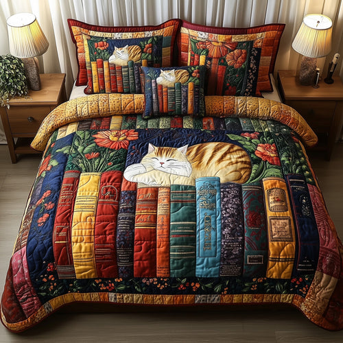 Vintage Cat Bookshelf 3-Piece Quilted Bedding Set GFTONL3655