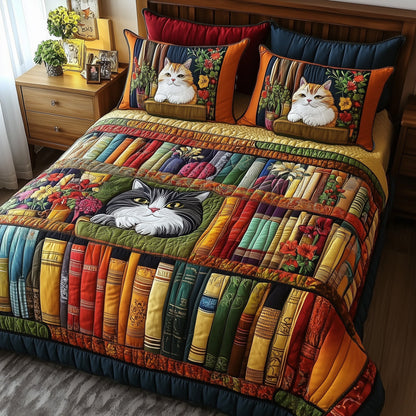 Vintage Cat Bookshelf 3-Piece Quilted Bedding Set GFTONL3656
