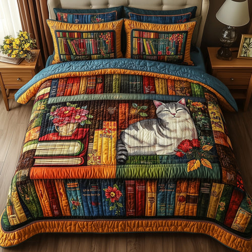Vintage Cat Bookshelf 3-Piece Quilted Bedding Set GFTONL3658
