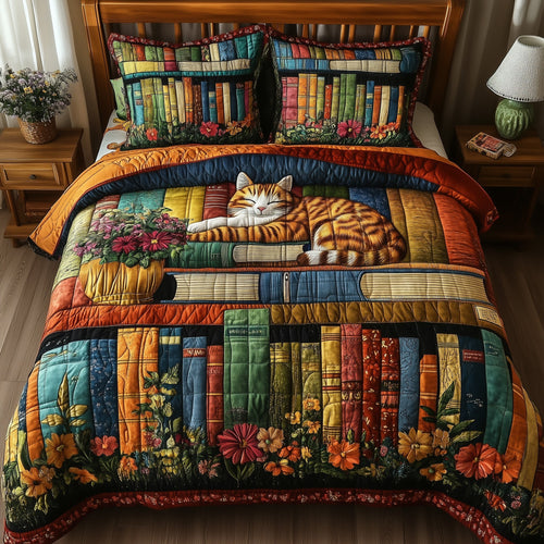 Vintage Cat Bookshelf 3-Piece Quilted Bedding Set GFTONL3659