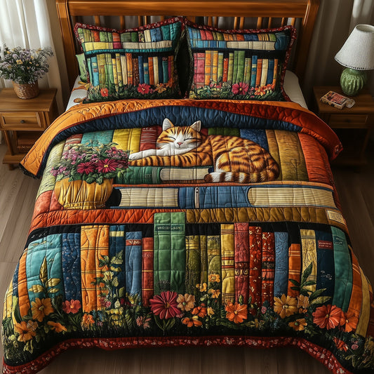 Vintage Cat Bookshelf 3-Piece Quilted Bedding Set GFTONL3659