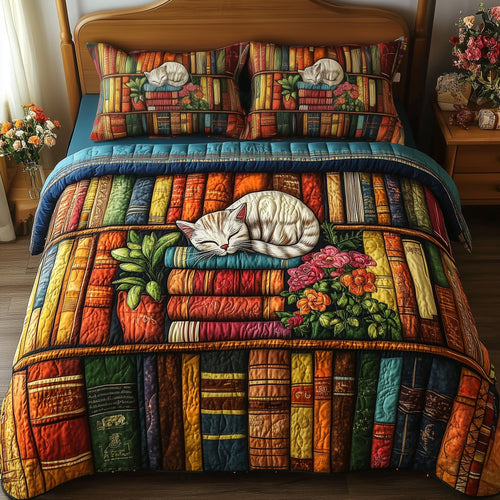 Vintage Cat Bookshelf 3-Piece Quilted Bedding Set GFTONL3660