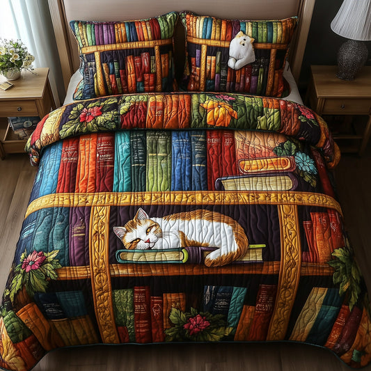 Vintage Cat Bookshelf 3-Piece Quilted Bedding Set GFTONL3661