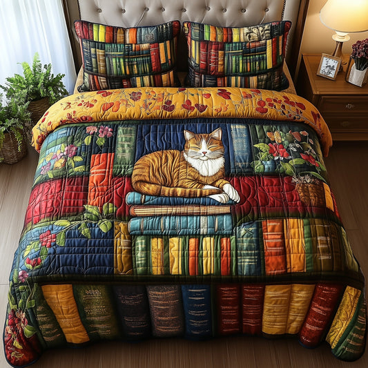 Vintage Cat Bookshelf 3-Piece Quilted Bedding Set GFTONL3662