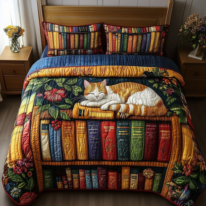 Vintage Cat Bookshelf 3-Piece Quilted Bedding Set GFTONL3663