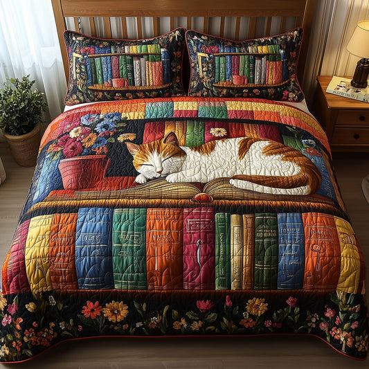 Vintage Cat Bookshelf 3-Piece Quilted Bedding Set GFTONL3664