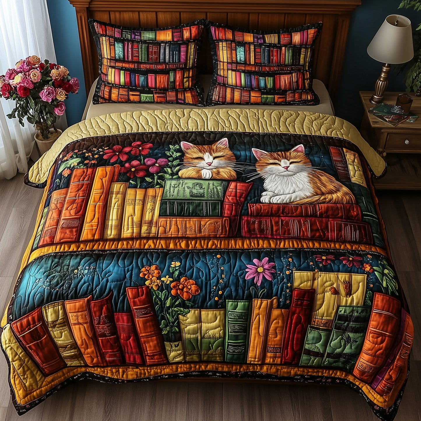 Vintage Cat Bookshelf 3-Piece Quilted Bedding Set GFTONL3665