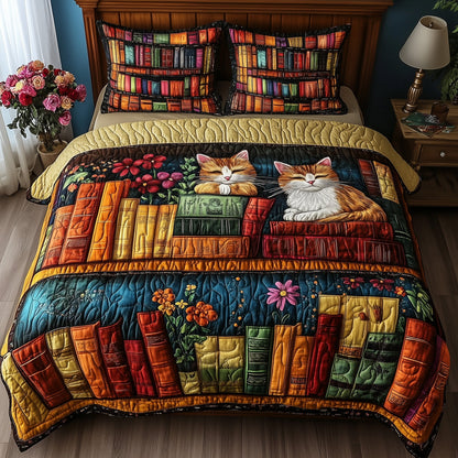 Vintage Cat Bookshelf 3-Piece Quilted Bedding Set GFTONL3665