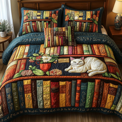 Vintage Cat Bookshelf 3-Piece Quilted Bedding Set GFTONL3666