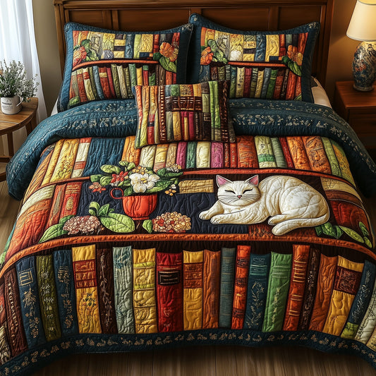 Vintage Cat Bookshelf 3-Piece Quilted Bedding Set GFTONL3666