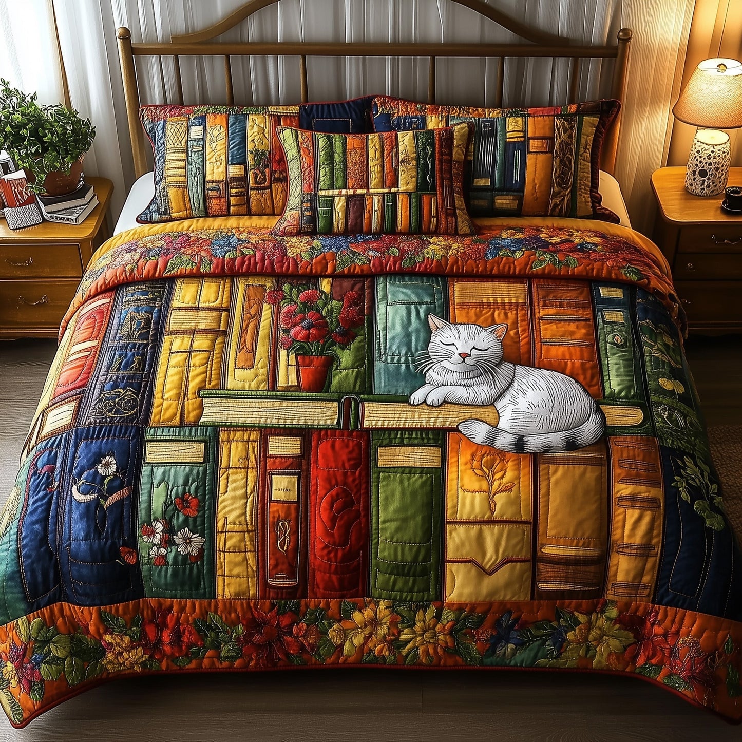 Vintage Cat Bookshelf 3-Piece Quilted Bedding Set GFTONL3668
