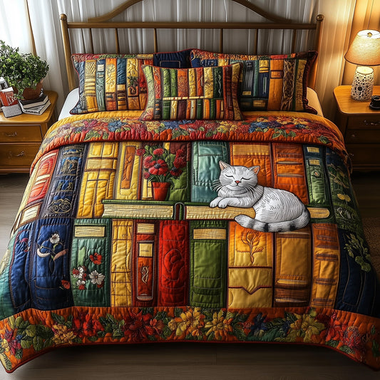 Vintage Cat Bookshelf 3-Piece Quilted Bedding Set GFTONL3668
