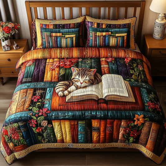 Vintage Cat Bookshelf 3-Piece Quilted Bedding Set GFTONL3669