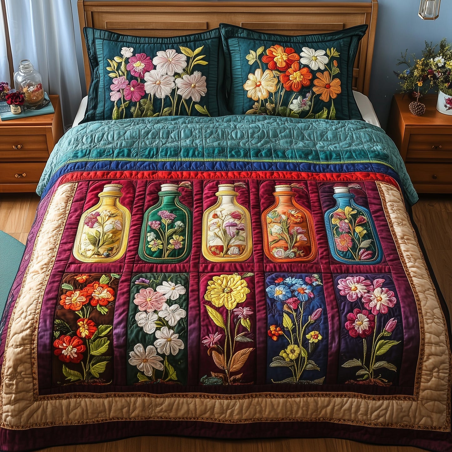 Vintage Floral Bottle  3-Piece Quilted Bedding Set GFTONL3676