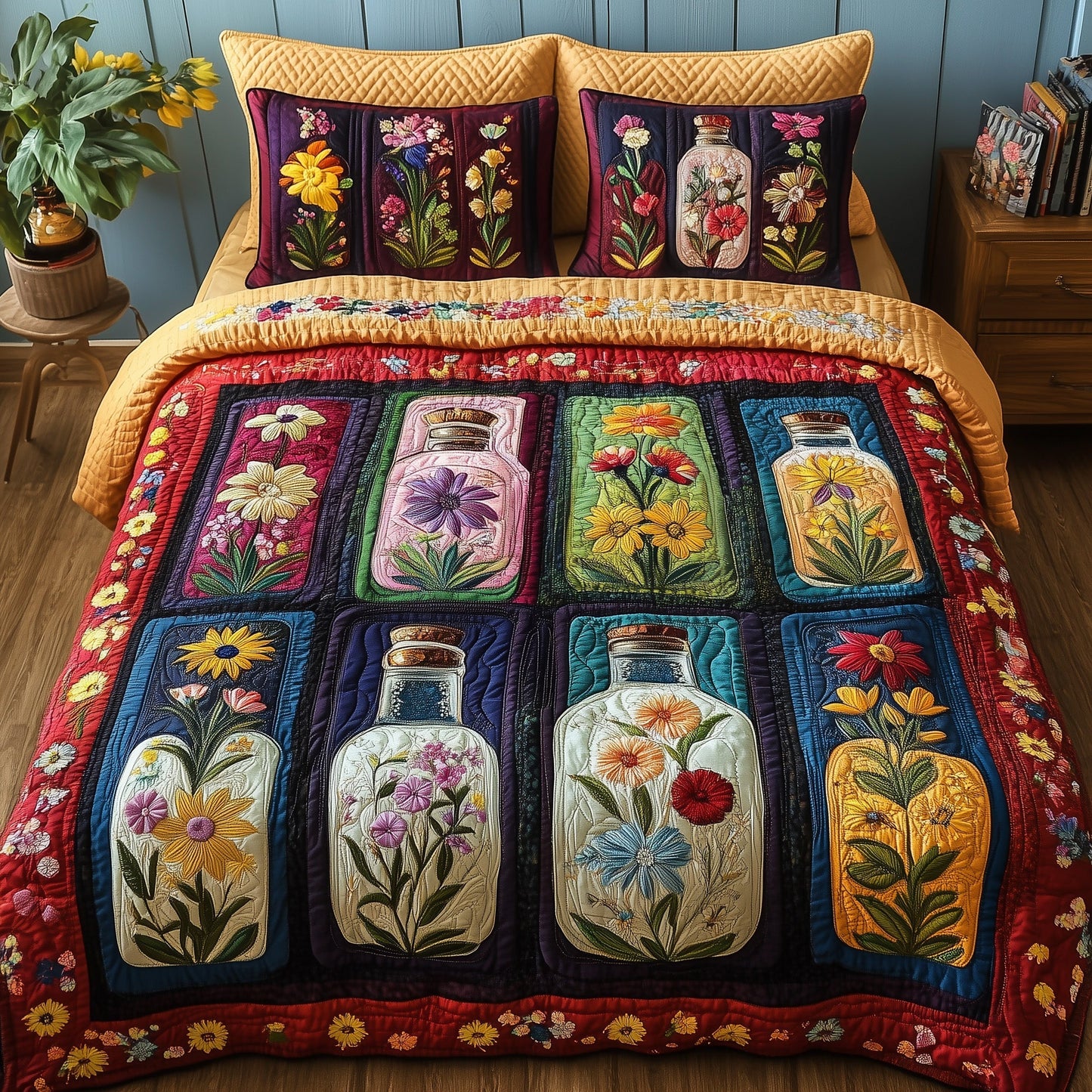 Vintage Floral Bottle  3-Piece Quilted Bedding Set GFTONL3677