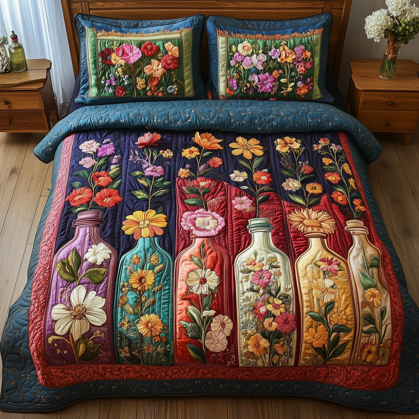 Vintage Floral Bottle  3-Piece Quilted Bedding Set GFTONL3679