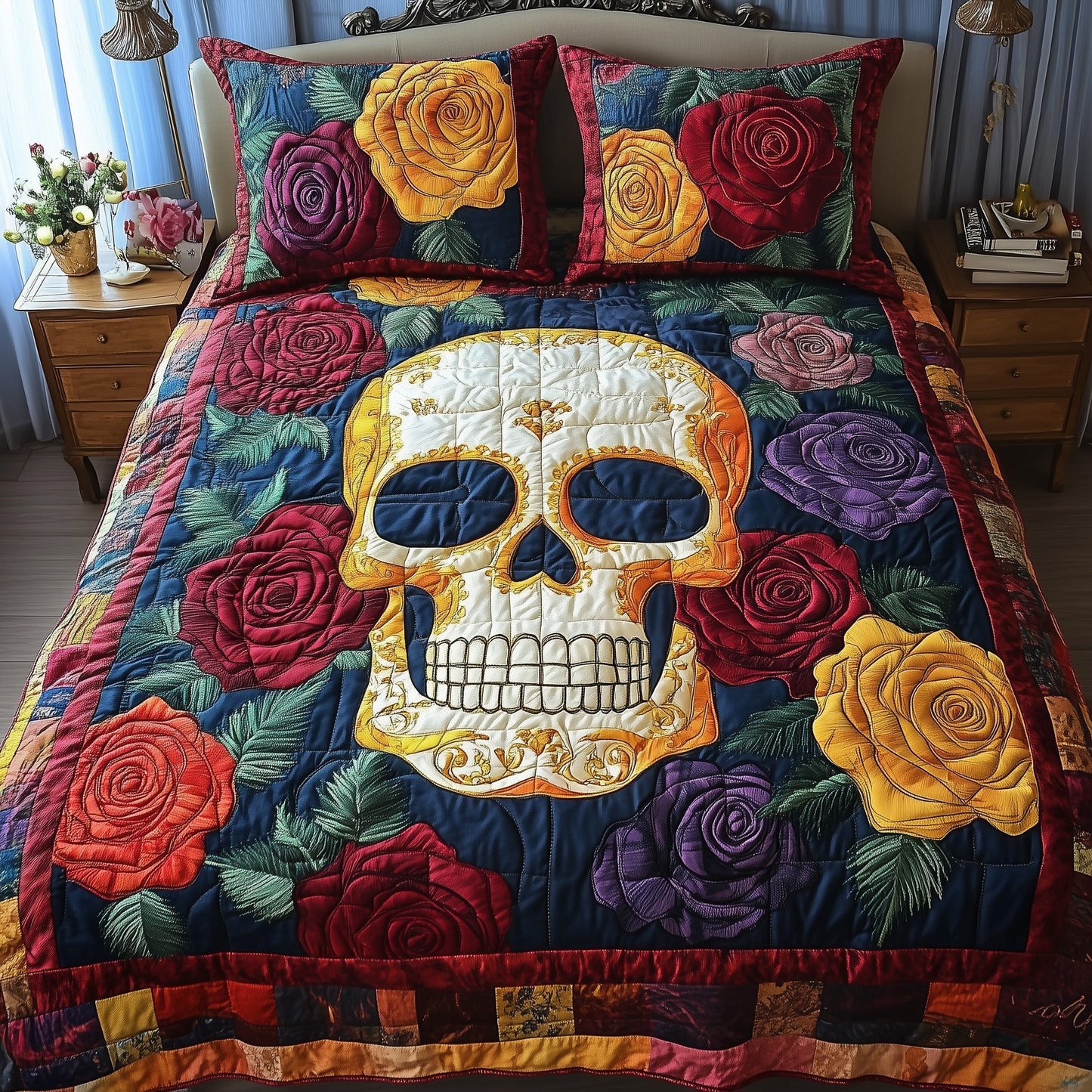 Floral Skull 3-Piece Quilted Bedding Set GFTONL3693
