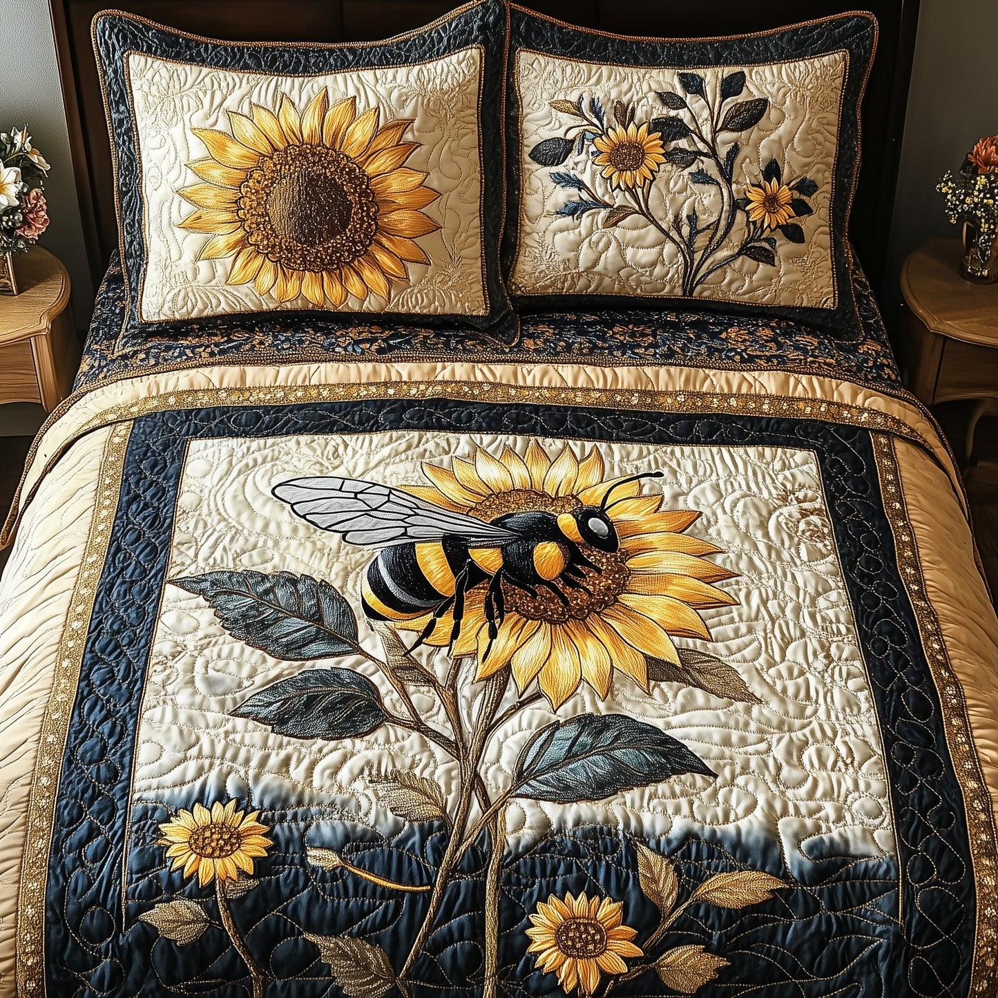 Sunflower Bee 3-Piece Quilted Bedding Set GFTONL3730
