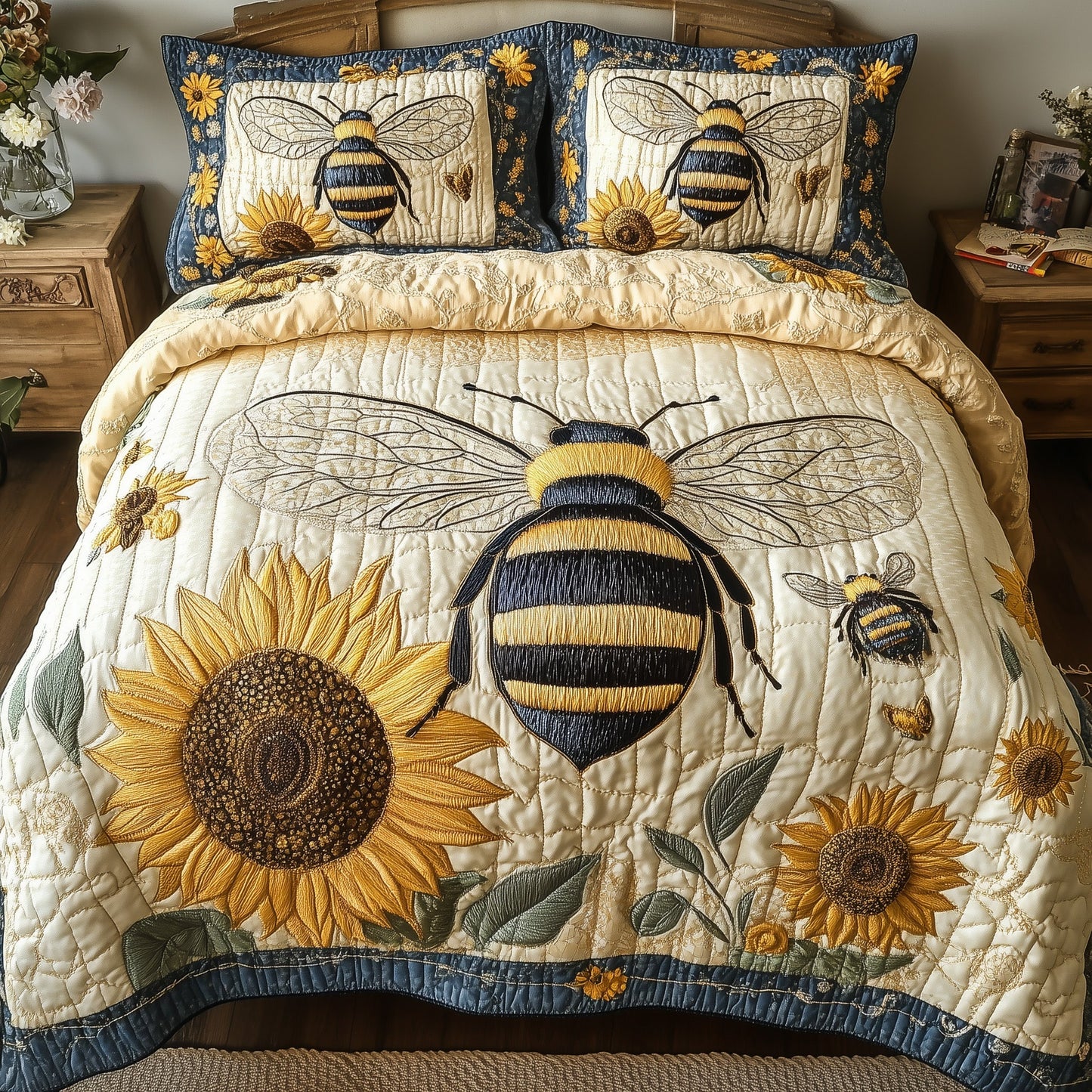 Sunflower Bee 3-Piece Quilted Bedding Set GFTONL3739