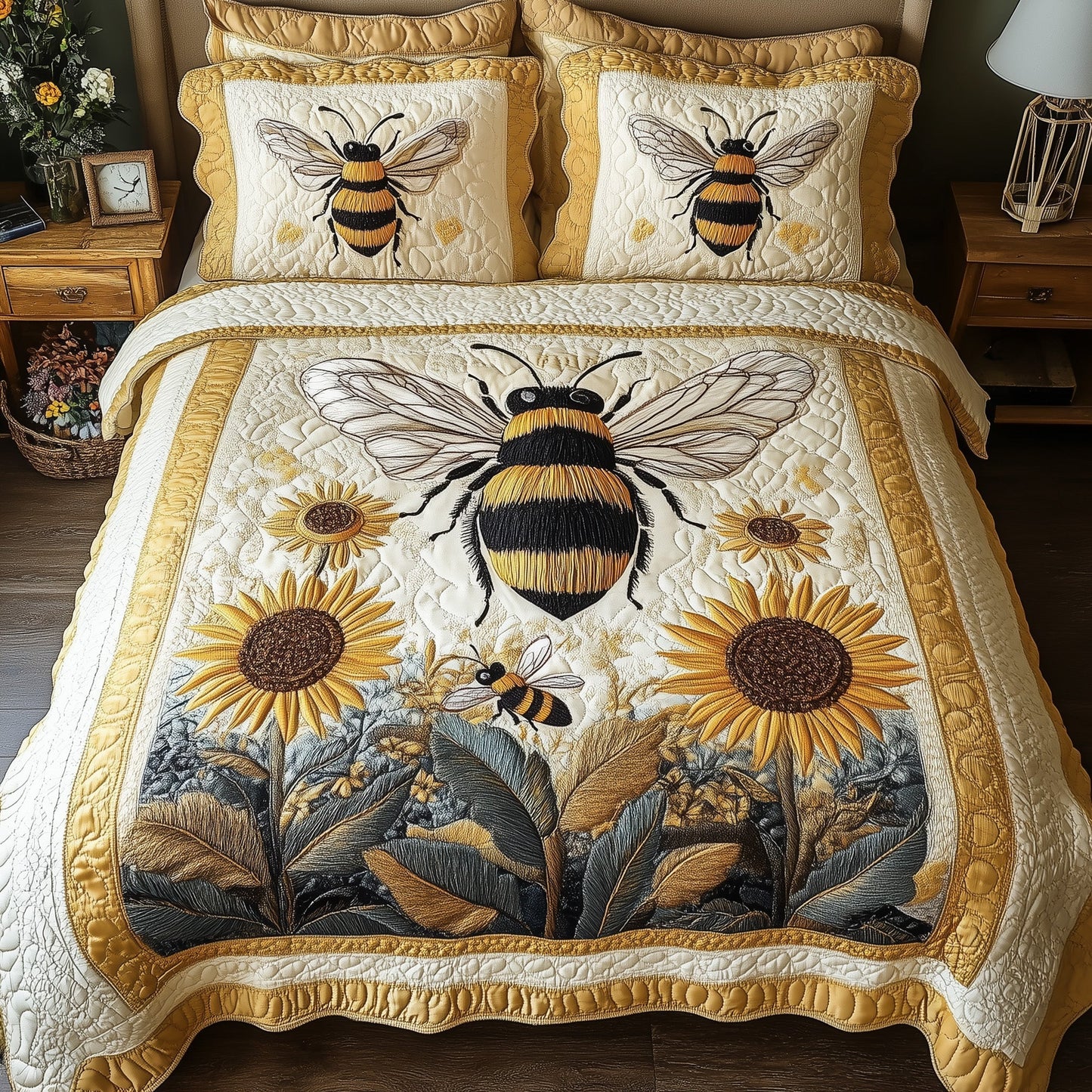 Sunflower Bee 3-Piece Quilted Bedding Set GFTONL3744