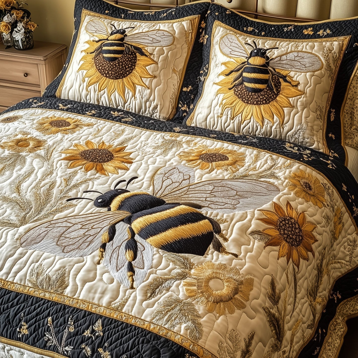 Sunflower Bee 3-Piece Quilted Bedding Set GFTONL3745