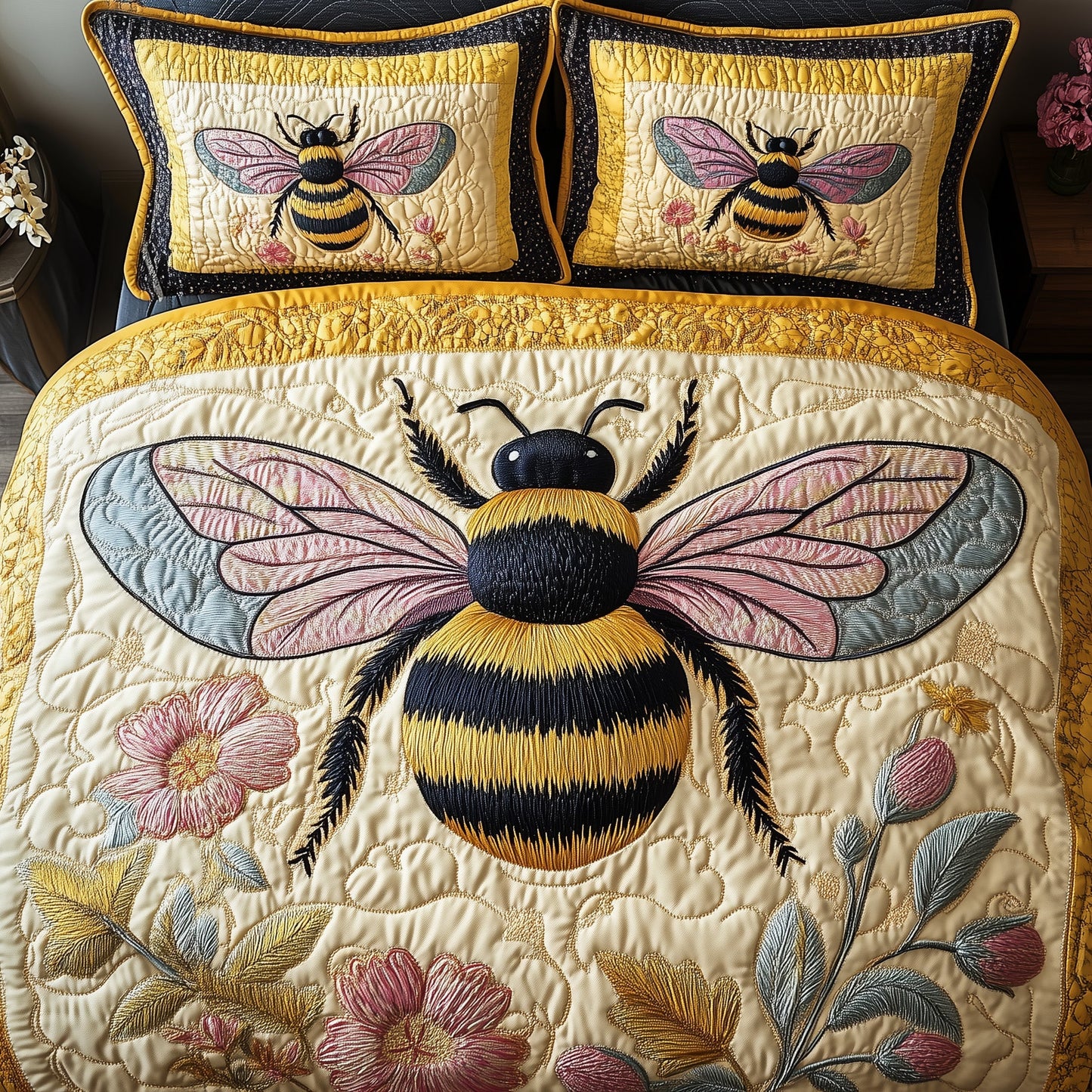 Floral Bee 3-Piece Quilted Bedding Set GFTONL3752