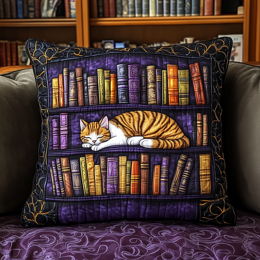 Vintage Bookshelf Cat Quilted Pillow Case GFTONL381
