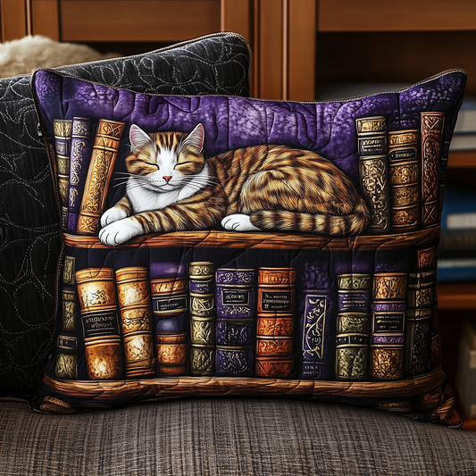 Vintage Bookshelf Cat Quilted Pillow Case GFTONL382