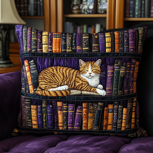 Vintage Bookshelf Cat Quilted Pillow Case GFTONL383