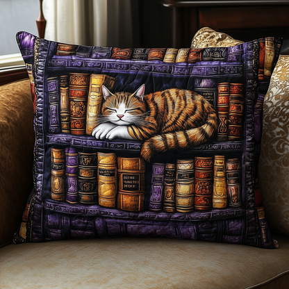 Vintage Bookshelf Cat Quilted Pillow Case GFTONL384