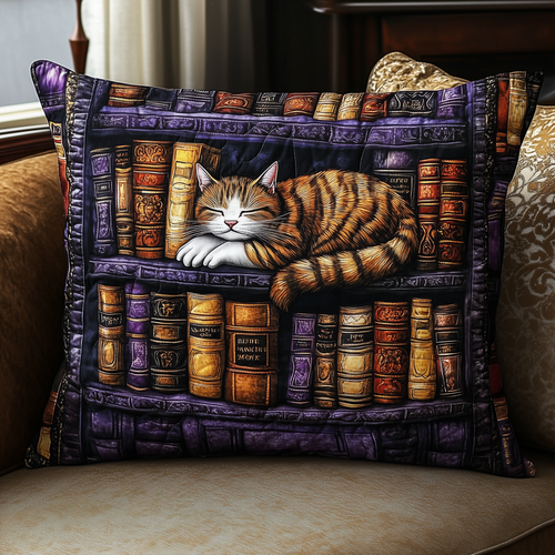 Vintage Bookshelf Cat Quilted Pillow Case GFTONL384