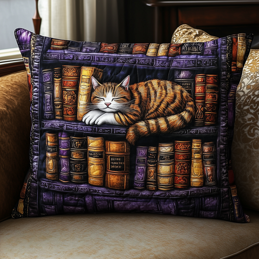 Vintage Bookshelf Cat Quilted Pillow Case GFTONL384