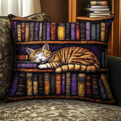 Vintage Bookshelf Cat Quilted Pillow Case GFTONL386