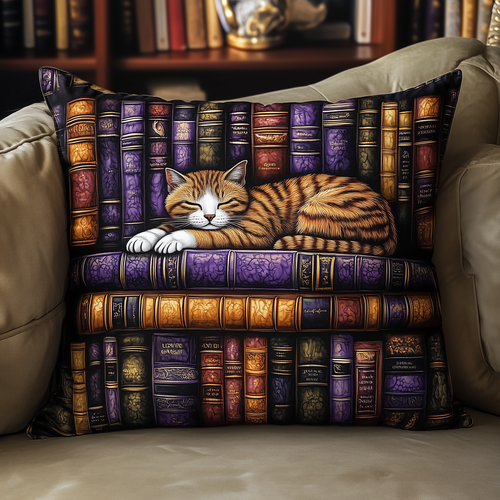 Vintage Bookshelf Cat Quilted Pillow Case GFTONL388