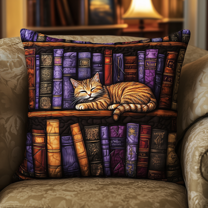 Vintage Bookshelf Cat Quilted Pillow Case GFTONL389