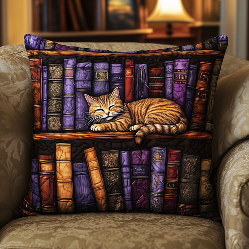 Vintage Bookshelf Cat Quilted Pillow Case GFTONL389