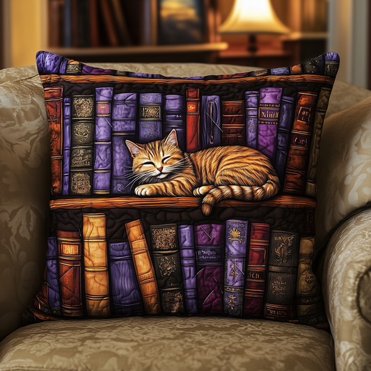 Vintage Bookshelf Cat Quilted Pillow Case GFTONL389